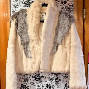 Rabbit Fur Cropped Jacket in Cream with Gray Accents